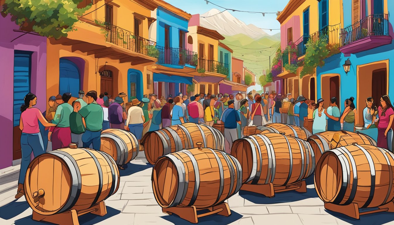 Colorful wine barrels line the streets of Santa Fe, Chile, as people gather for the lively wine fiesta. Tables are adorned with wine bottles and glasses, and the air is filled with the sounds of music and laughter