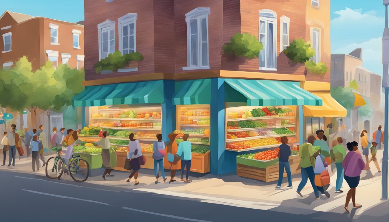 A bustling street corner with a colorful community fridge adorned with fresh produce and canned goods, surrounded by people coming and going, exchanging items