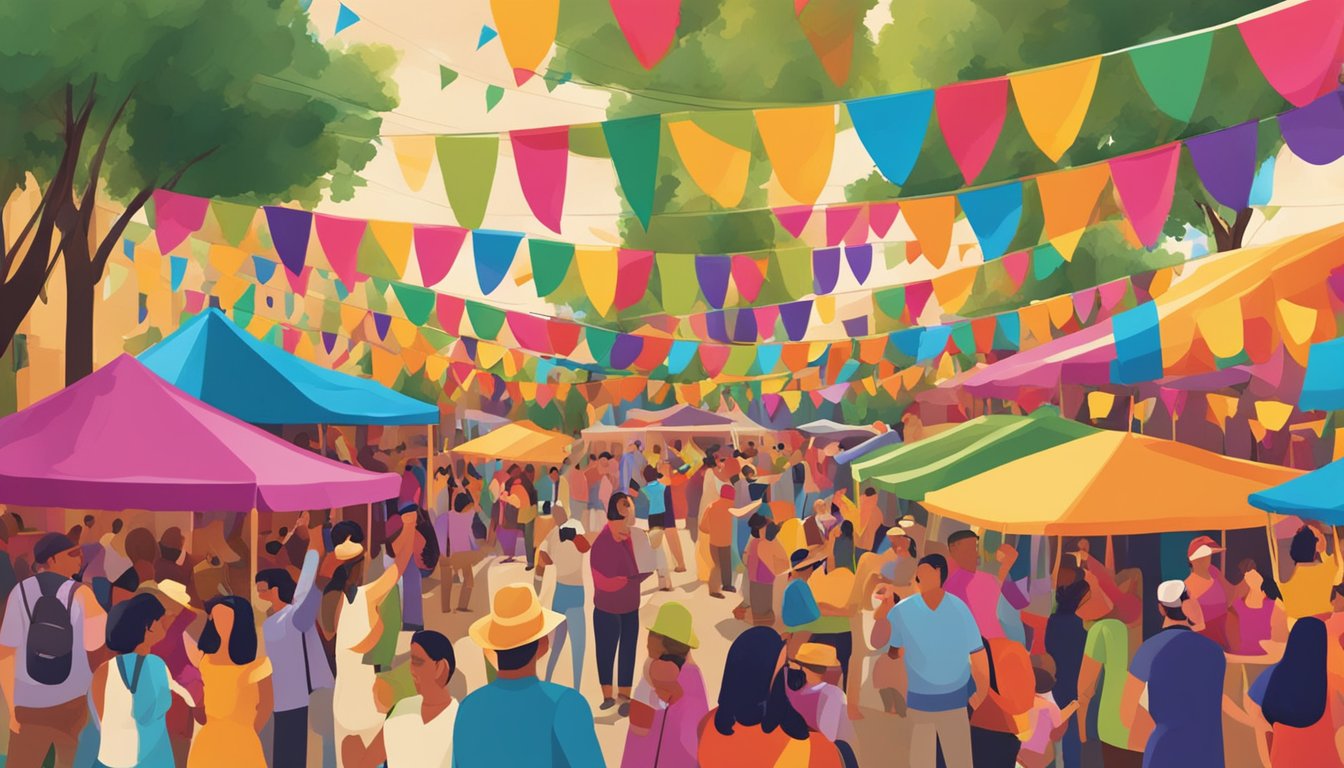 Vibrant wine festival in Santa Fe, Chile. Colorful banners, lively music, and bustling crowds enjoying the fiesta atmosphere