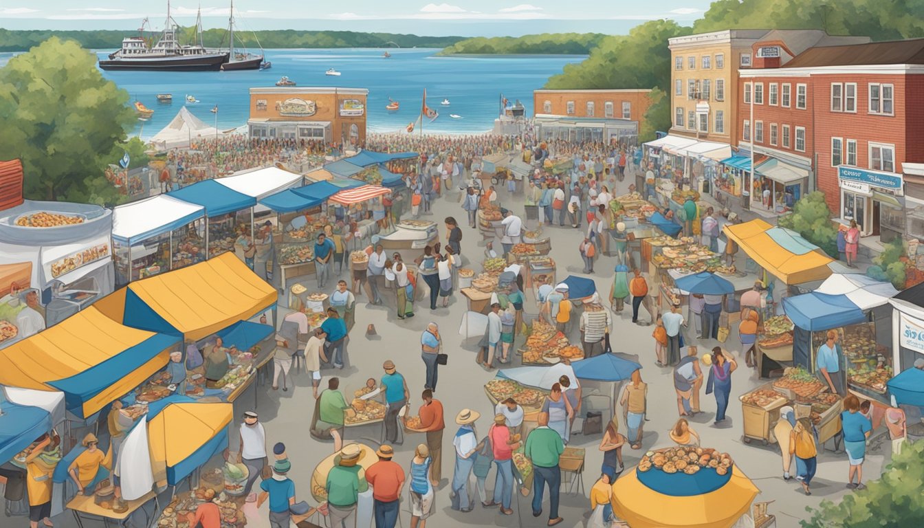 A bustling Rhode Island seafood festival with vendors, live music, and crowds enjoying fresh seafood dishes