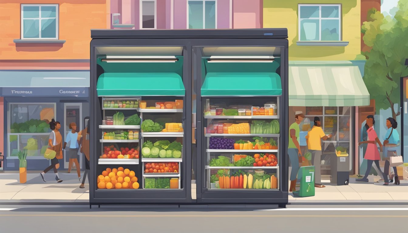 A brightly colored community fridge stands on a busy street corner, filled with fresh produce and packaged goods. People come and go, adding items and taking what they need