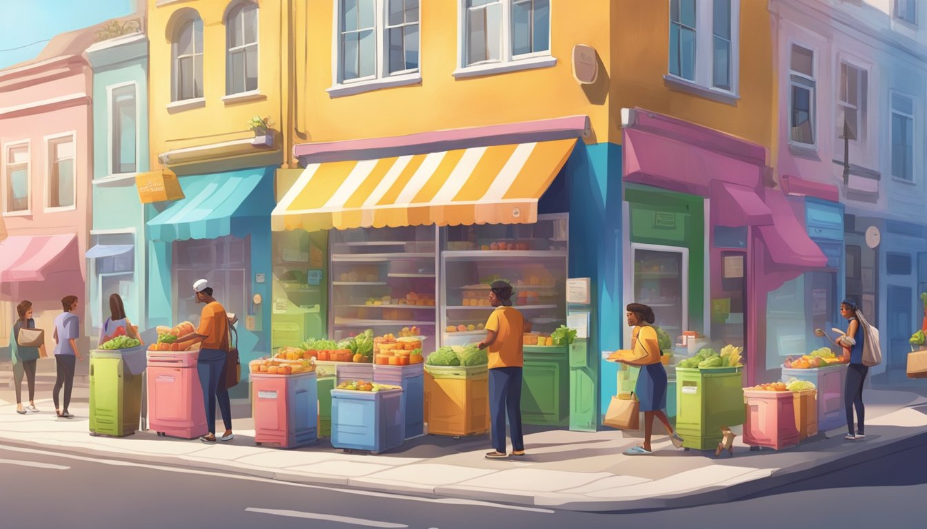 A sunny street corner with colorful community fridges filled with food and a small group of people exchanging items