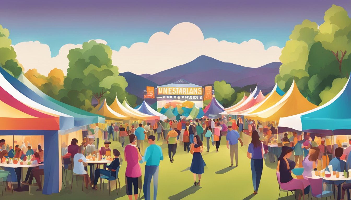 A bustling outdoor wine and food festival with colorful tents, live music, and people enjoying gourmet dishes and glasses of wine