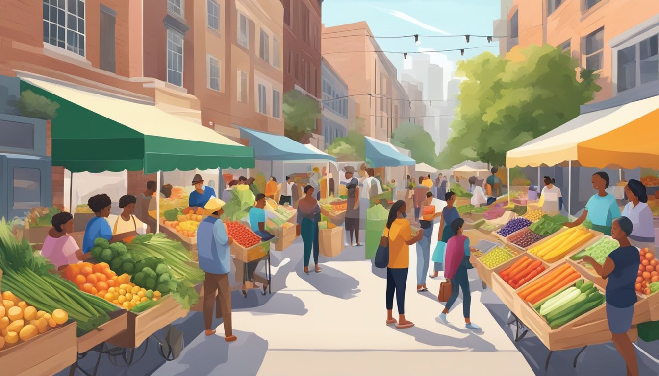 A bustling outdoor market with colorful community fridges, people exchanging food, and a diverse array of fresh produce and pantry items