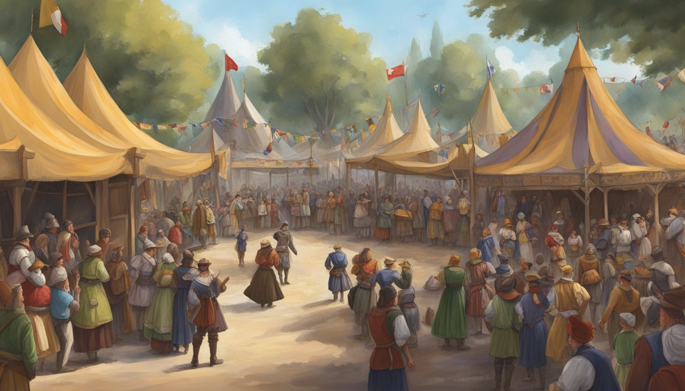 Crowds gather at the Texas Renaissance Festival entrance, tickets in hand, awaiting admission. Jesters entertain, while the scent of turkey legs and mead fills the air