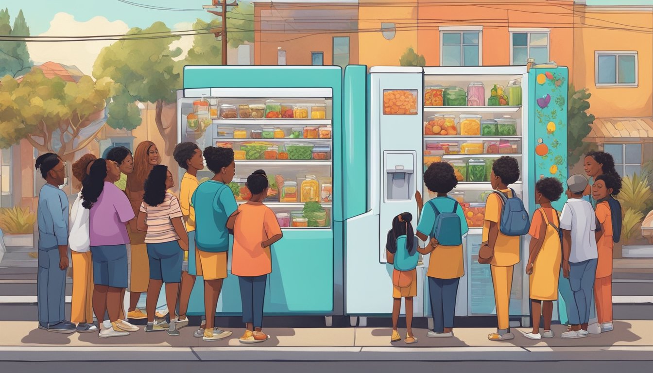 A diverse group of people from different backgrounds and ages are gathered around a brightly colored community fridge in Inglewood, CA. The fridge is filled with various food items and is adorned with vibrant artwork depicting unity and community