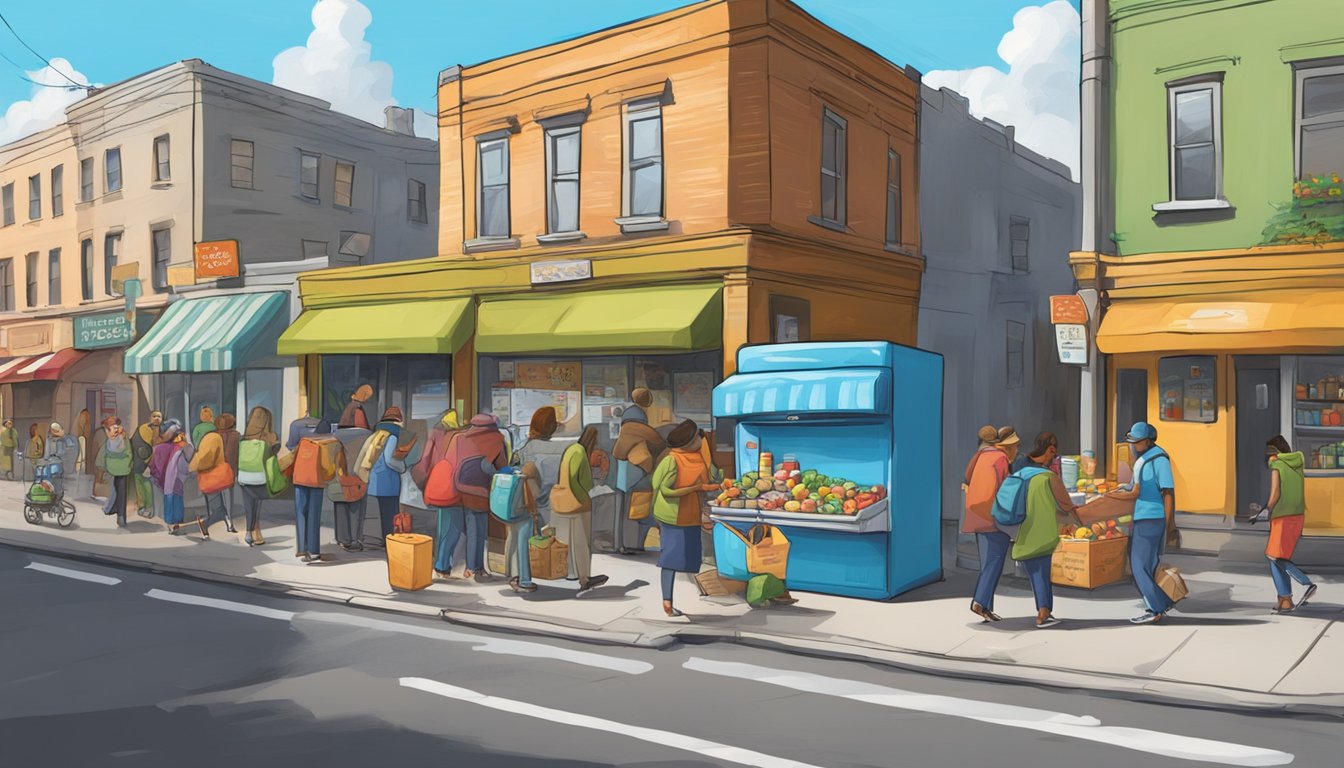 A bustling street corner with a colorful, graffiti-covered refrigerator filled with food donations. People of all ages and backgrounds approach the fridge to take or leave items