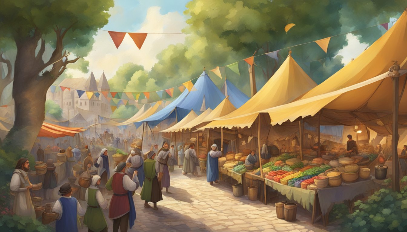 A bustling medieval marketplace with colorful tents and banners, surrounded by lush greenery and winding paths. Jugglers, musicians, and costumed characters entertain visitors