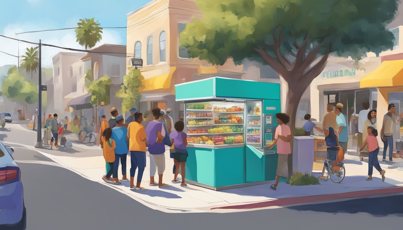 A bustling street corner in Glendale, CA, with a brightly painted community fridge surrounded by people dropping off and picking up food items