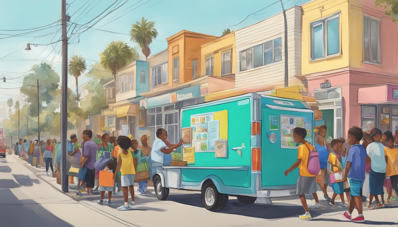 A bustling street in Inglewood, CA with a colorful community fridge surrounded by people donating and taking food