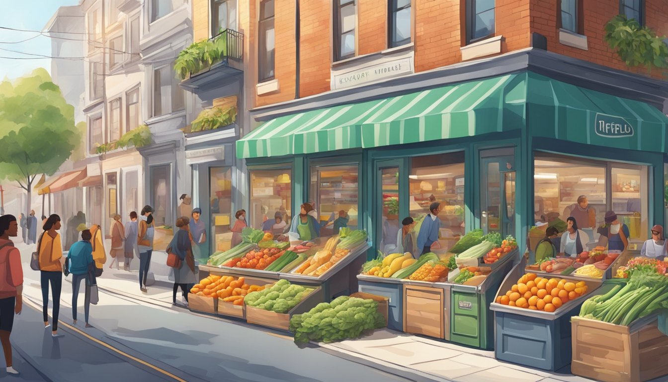 A bustling street with people interacting around a brightly decorated community fridge filled with fresh produce and food items