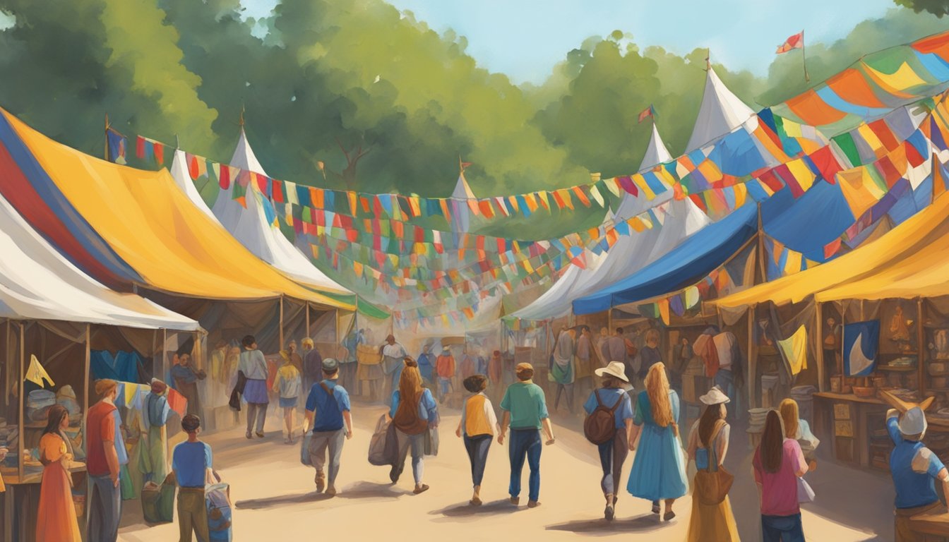 Colorful tents display Texas Renaissance Festival merchandise and souvenirs. Flags flutter in the breeze as excited festival-goers browse the wares