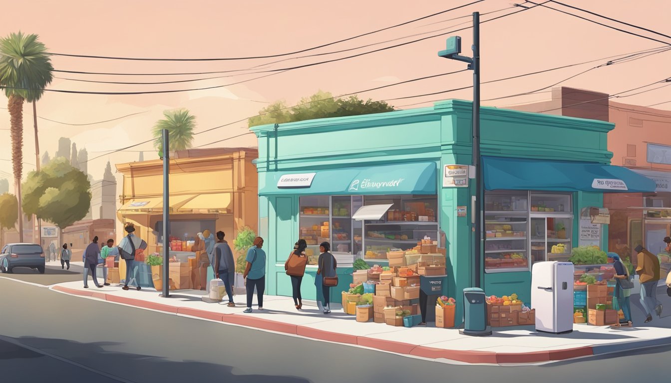 A busy street corner in Inglewood, CA, with a colorful community fridge surrounded by people dropping off and picking up food items