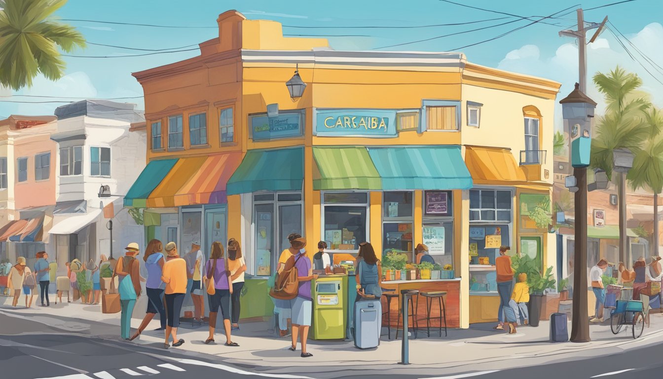 A bustling street corner with a colorful community fridge adorned with local artwork and surrounded by people exploring Carlsbad's attractions