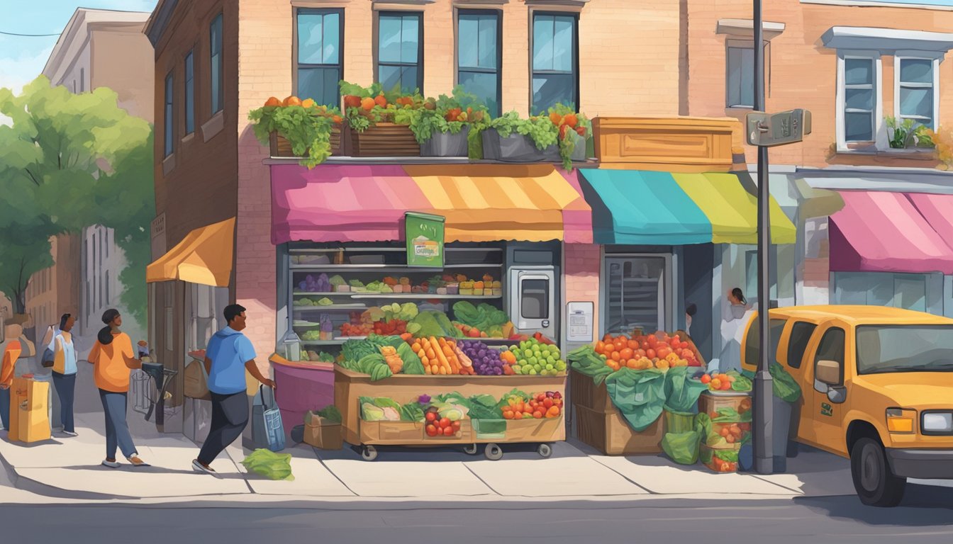 A bustling street corner with a colorful, graffiti-covered refrigerator filled with fresh produce and pantry items. People from the community stop by to drop off or pick up food