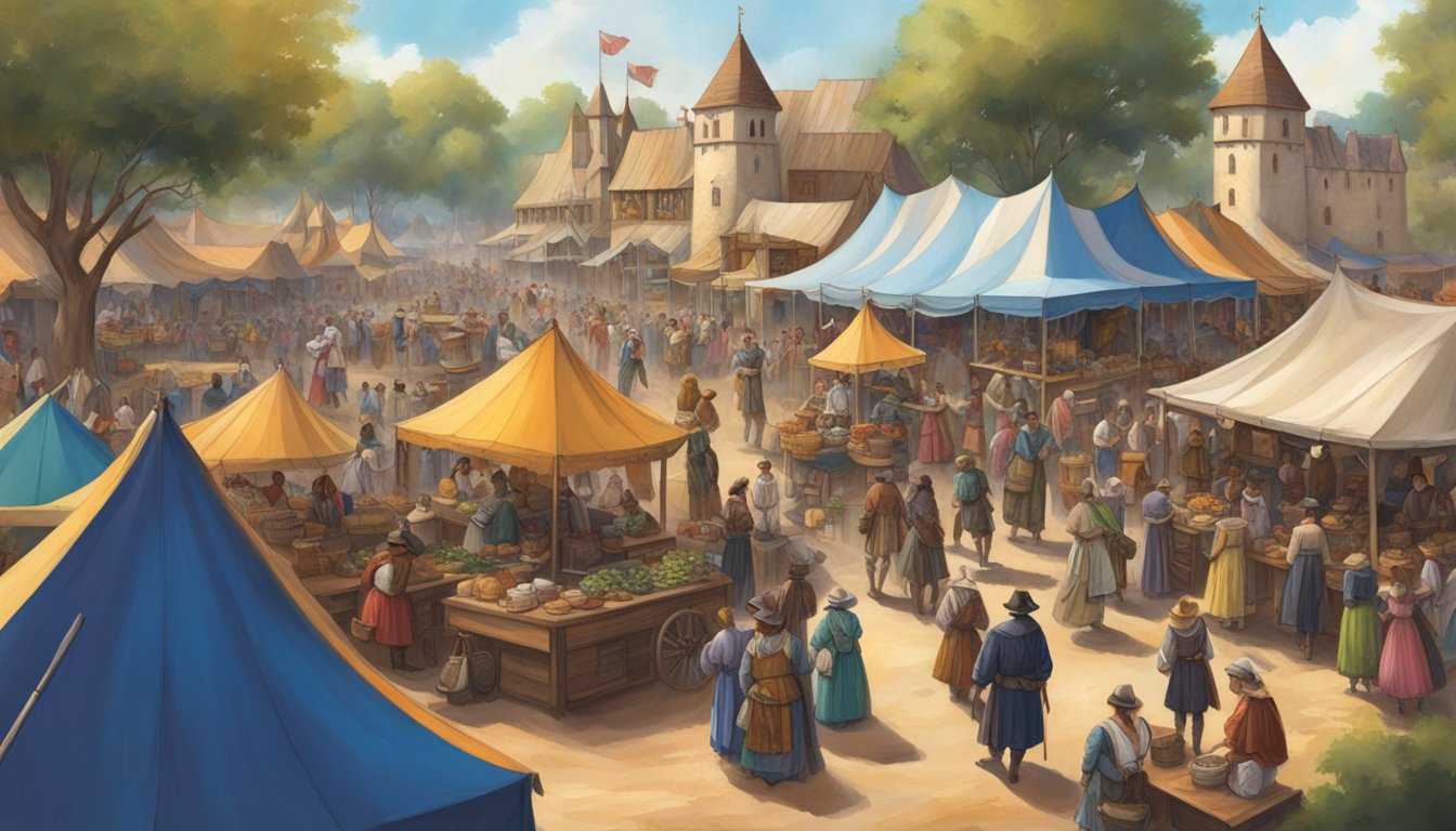 A bustling marketplace at the Texas Renaissance Festival, filled with colorful tents, lively music, and people in period costumes