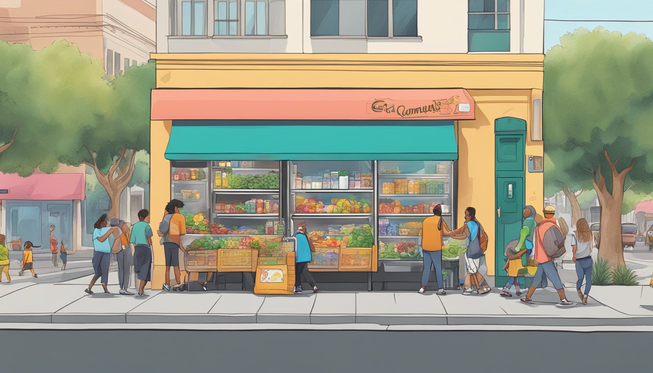 A bustling street corner in Glendale, CA, with a colorful community fridge adorned with local artwork and surrounded by people dropping off and picking up food items