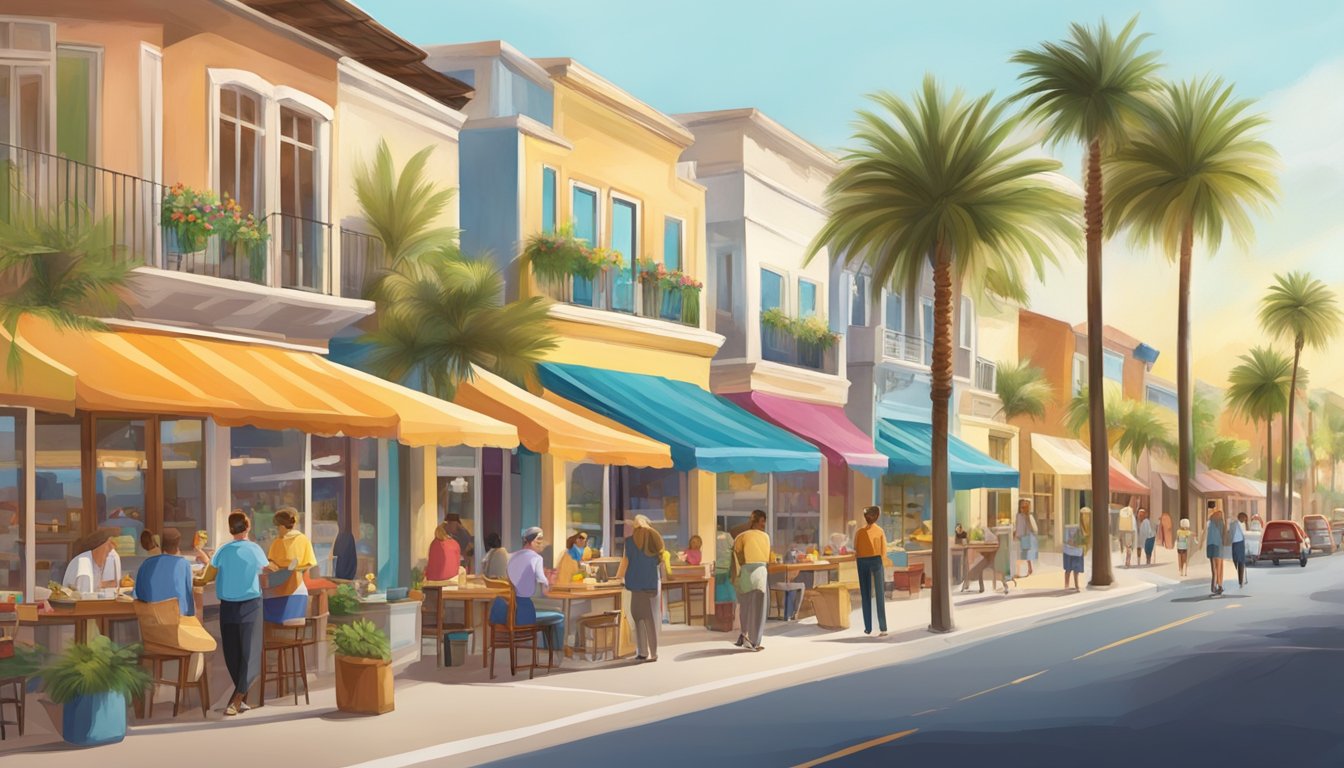 A bustling street with colorful shops and outdoor dining areas, surrounded by palm trees and a warm, sunny atmosphere in Carlsbad, CA