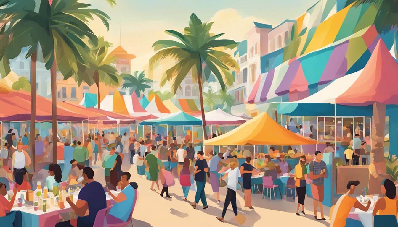 A bustling outdoor wine and food festival at South Beach, with colorful tents, lively music, and people enjoying delicious food and drinks