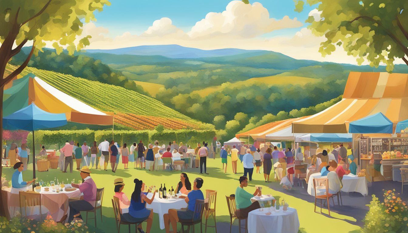 Vibrant festival scene with sunlit vineyards, wine tastings, and diverse culinary delights in Uncasville, CT