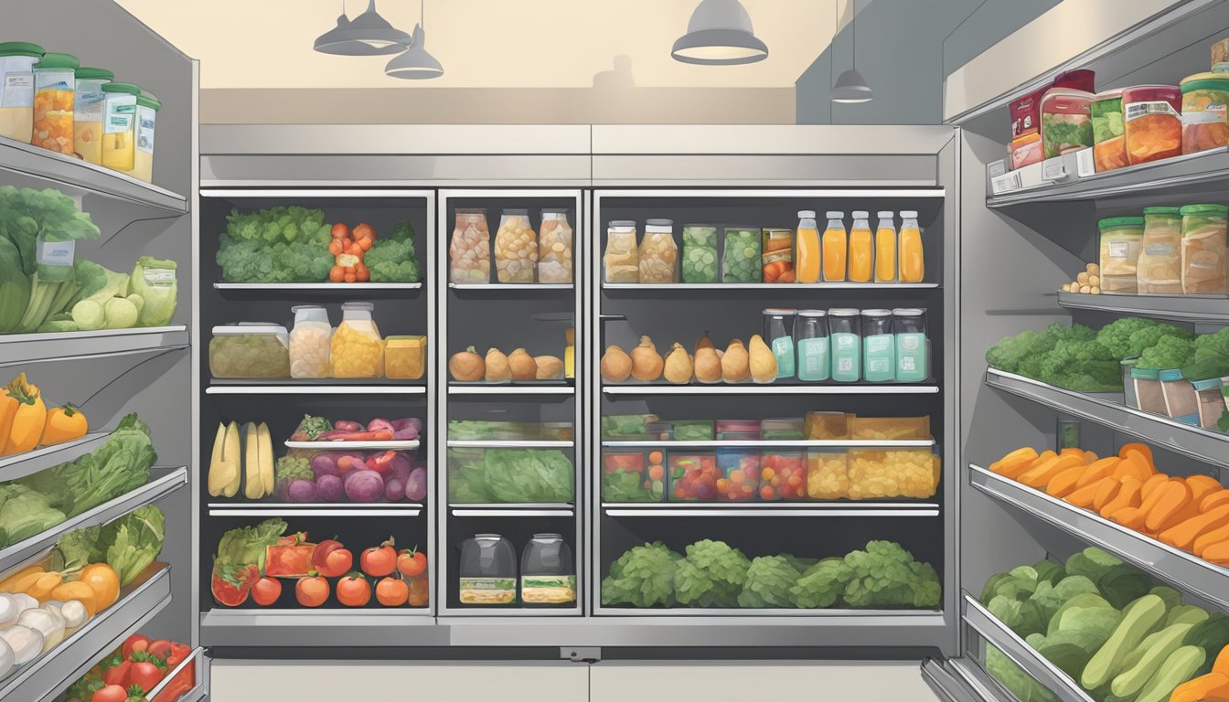 A bustling community fridge in Glendale, CA, filled with neatly organized shelves of fresh produce, canned goods, and packaged meals