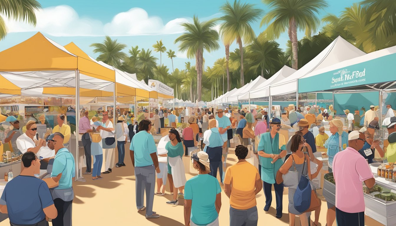 Crowds gather around booths at the South Beach Wine and Food Festival, with chefs and industry professionals networking and showcasing their products