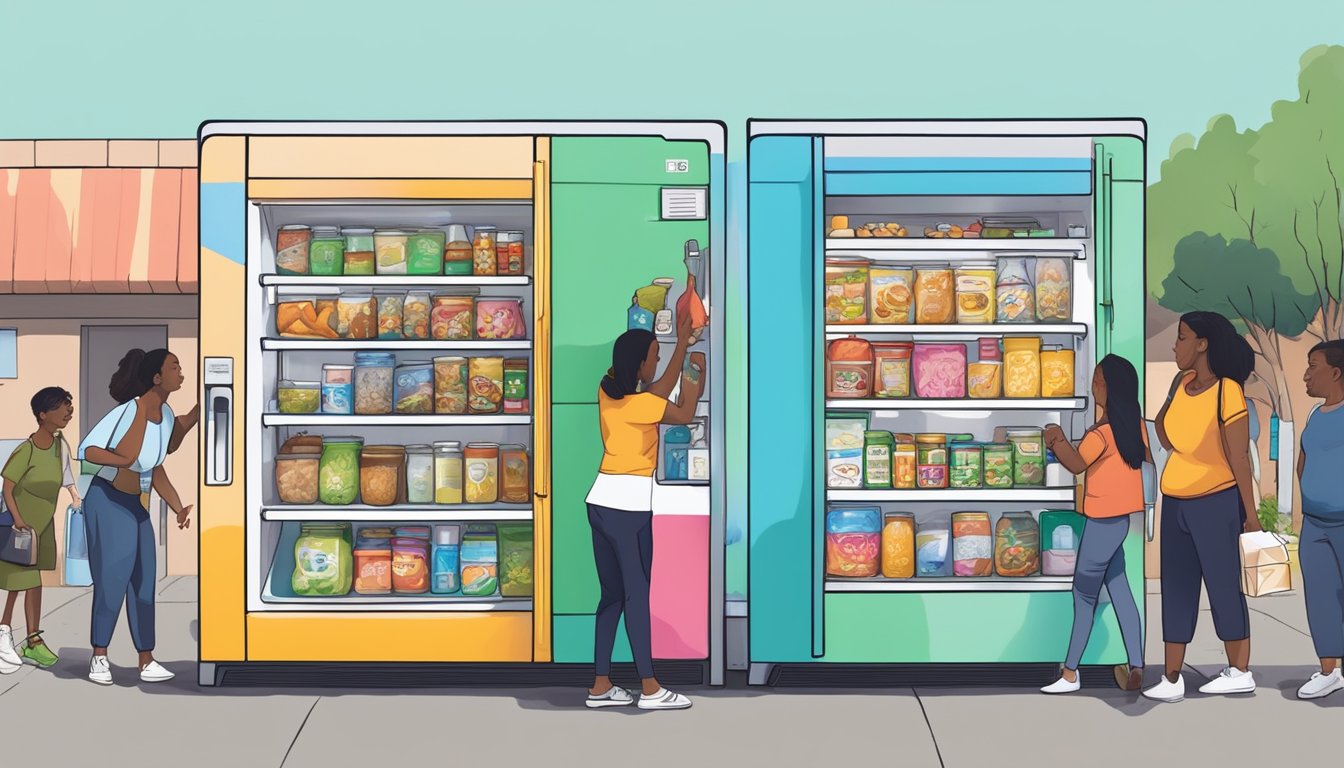 A colorful local community fridge surrounded by diverse residents in Inglewood, CA, with people donating and taking food items