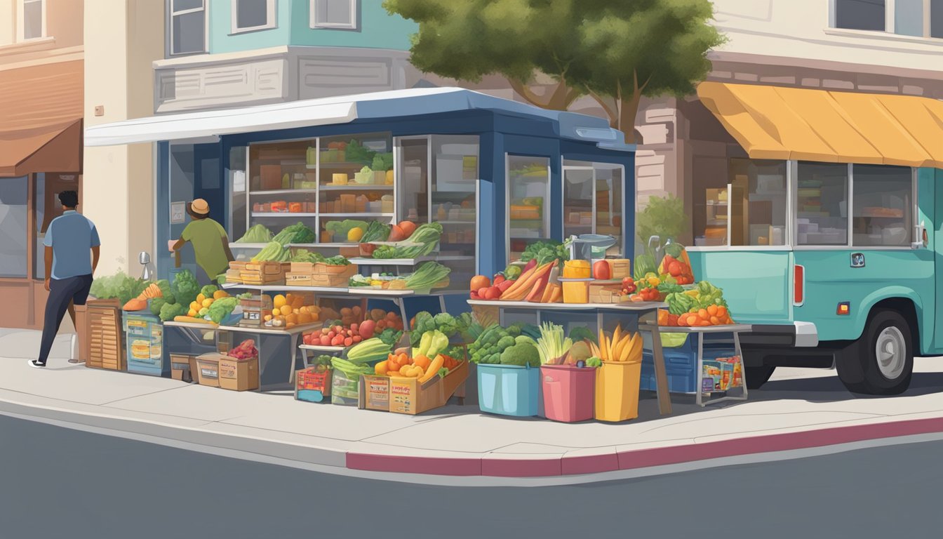 A bustling street corner in Glendale, California, with a colorful community fridge adorned with artwork and filled with fresh produce and groceries