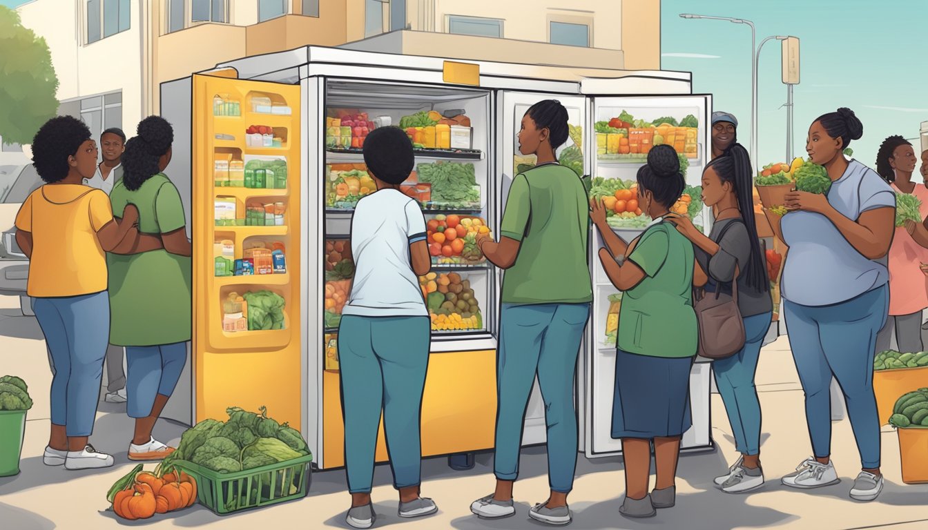 A community fridge in Inglewood, CA filled with fresh produce and food donations, surrounded by a diverse group of people accessing the resources