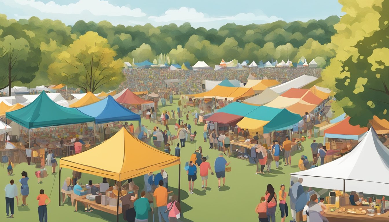 A bustling outdoor festival with colorful tents, people enjoying local and craft beers, and delicious food under the sun in Uncasville, CT