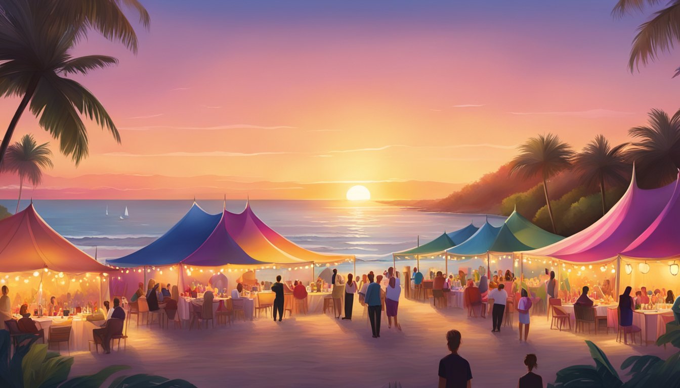 Vibrant tents line the beach, showcasing wine and food from around the world. The sun sets over the ocean, casting a warm glow on the festivities