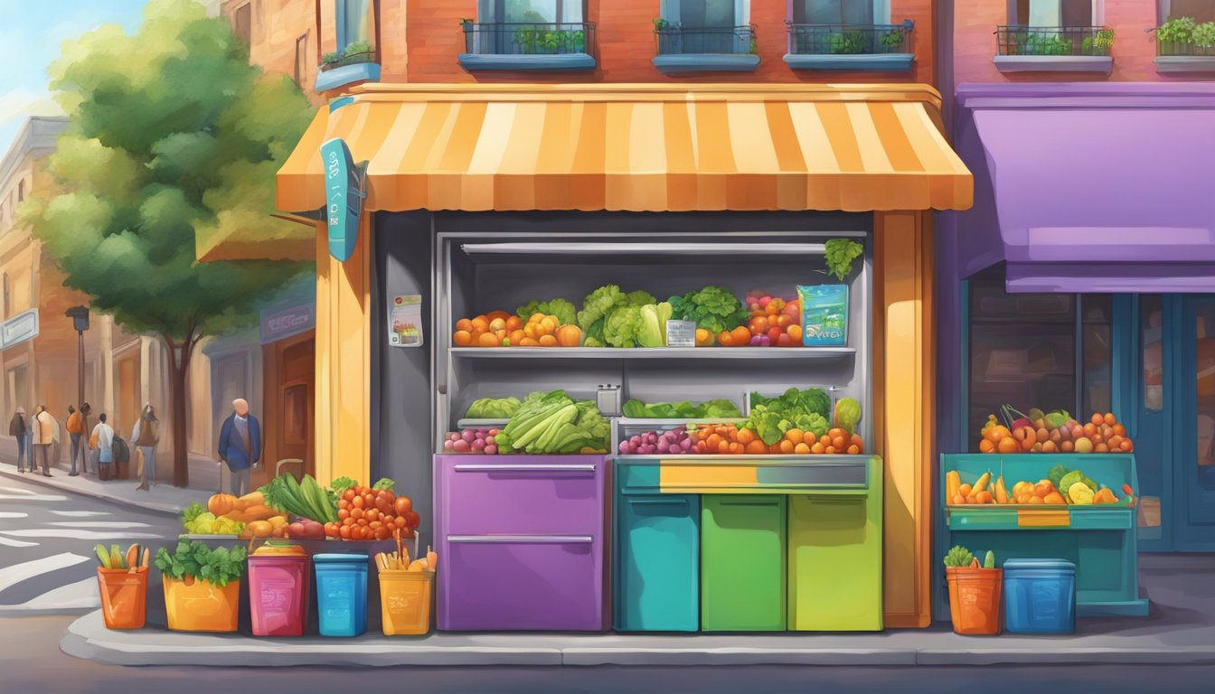 A brightly painted community fridge stands on a bustling street corner, surrounded by colorful murals and filled with fresh produce and food donations