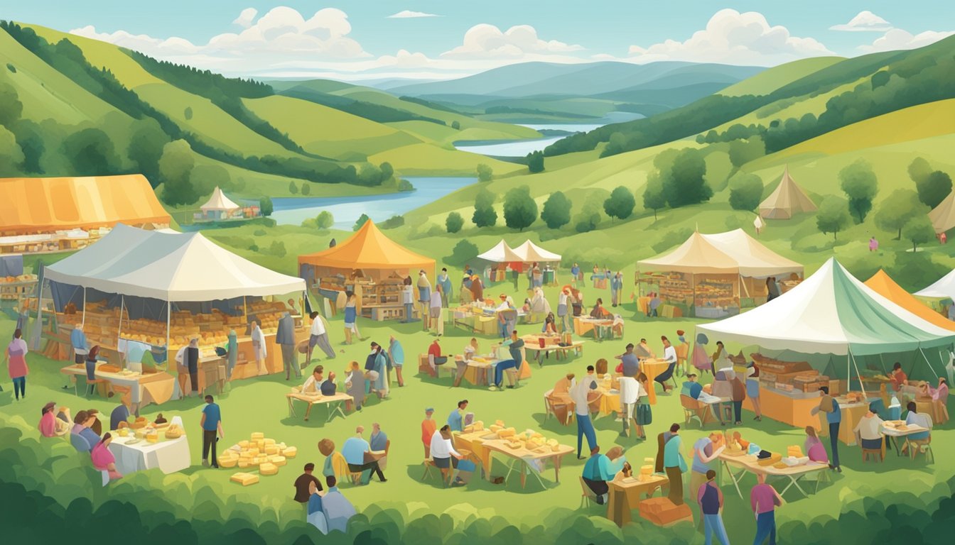 A bustling outdoor festival with tents and tables showcasing various types of cheese, surrounded by rolling green hills and a picturesque Vermont landscape