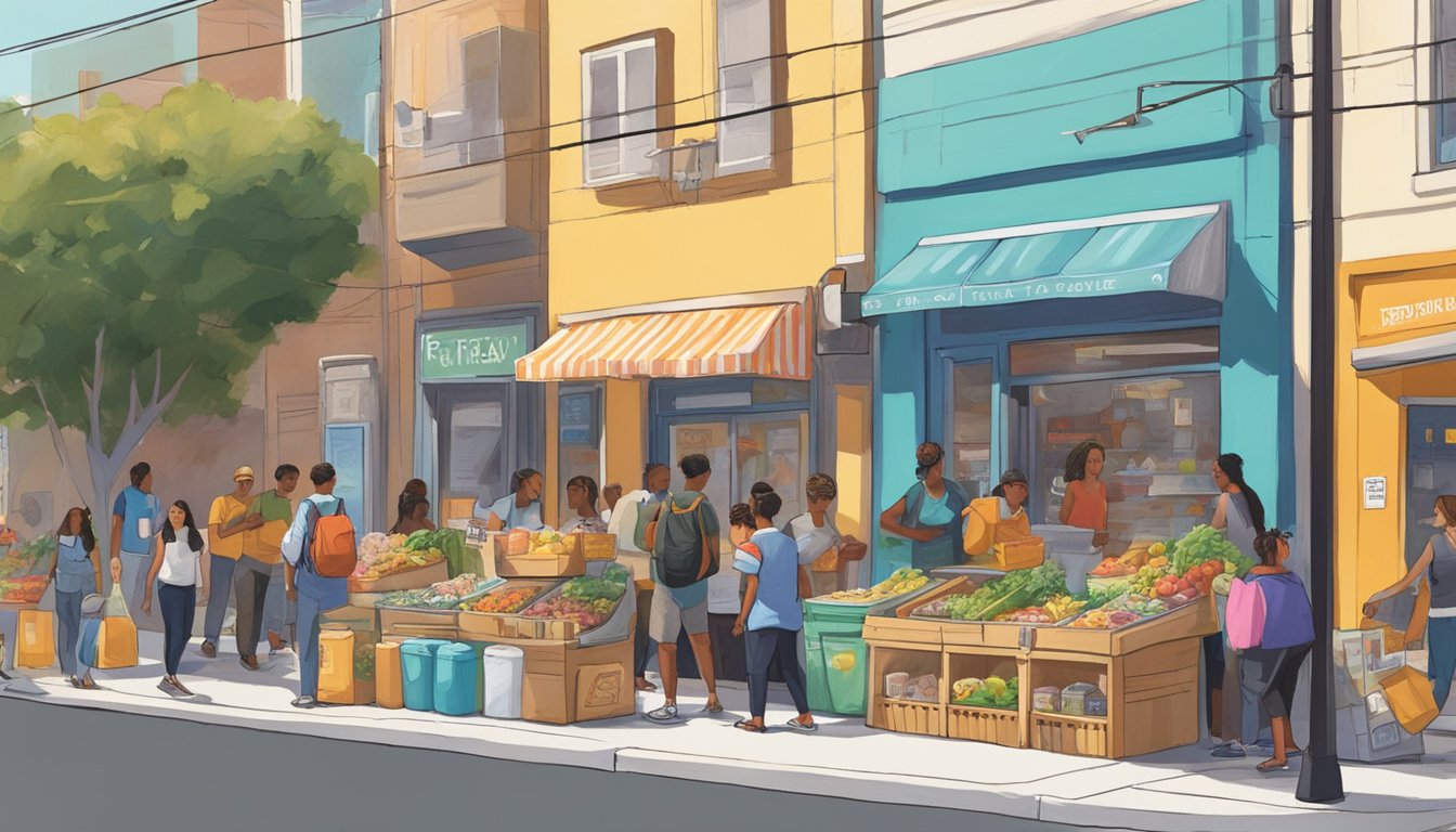 A bustling street corner in Glendale, CA showcases a colorful local community fridge adorned with vibrant artwork, surrounded by people exchanging food and supplies