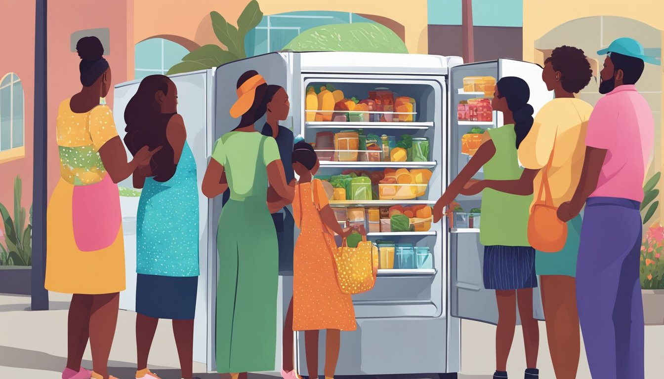 A diverse group of people gather around a brightly painted community fridge, exchanging food and sharing resources in a spirit of empowerment and community support