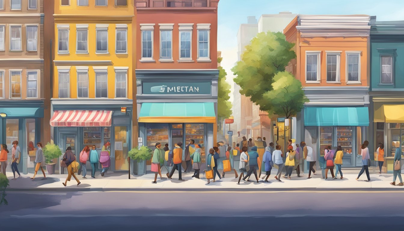 A bustling street corner with a colorful, well-stocked community fridge surrounded by people coming and going