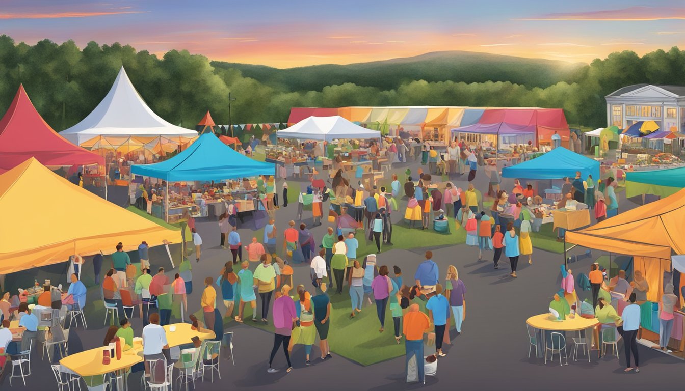 The sun sets over a lively wine and food festival in Uncasville, CT, with colorful tents and tables set up for attendees