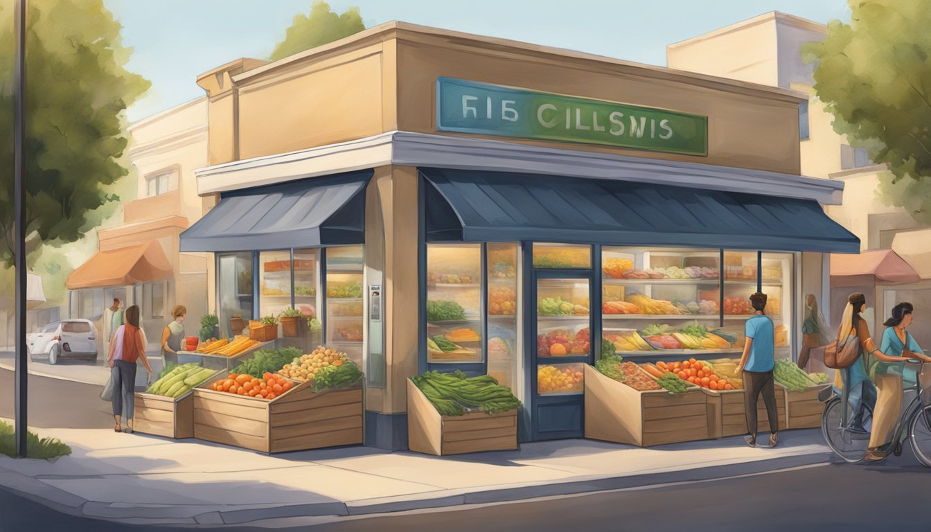 A bustling street corner in Clovis, CA, with a colorful, inviting community fridge filled with fresh produce and packaged goods