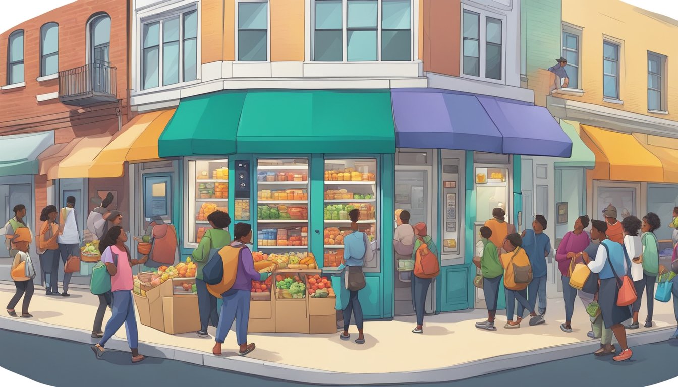 A bustling street corner with a colorful, well-maintained community fridge surrounded by a diverse group of people dropping off and picking up food items