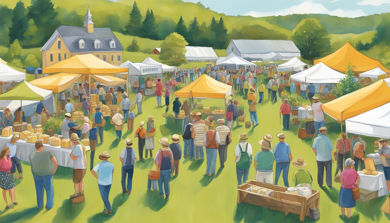 Vermont Cheesemakers Festival in Shelburne, VT: bustling crowd sampling artisanal cheeses, live music, and picturesque views of the surrounding countryside