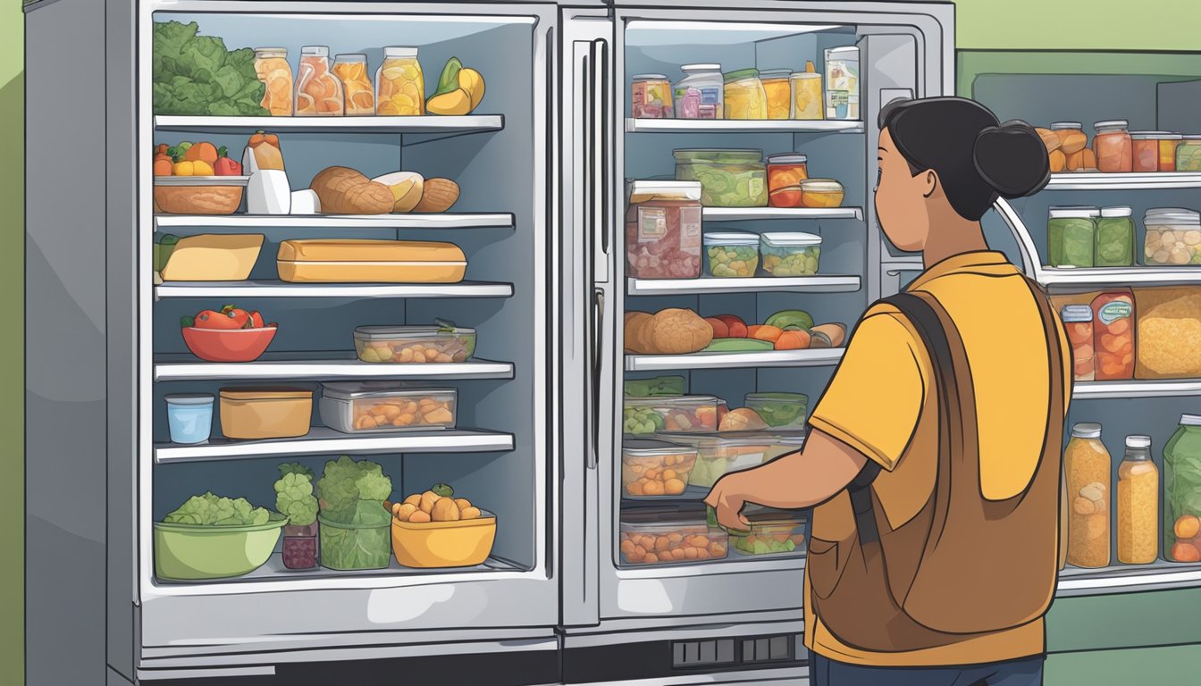 A person placing food in a stocked community fridge in Clovis, CA