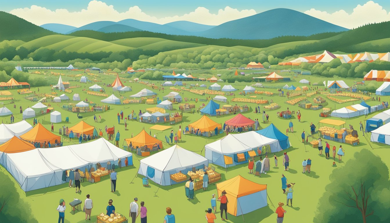 A bustling outdoor festival with rows of tents showcasing various types of cheese, surrounded by green Vermont hills and a clear blue sky