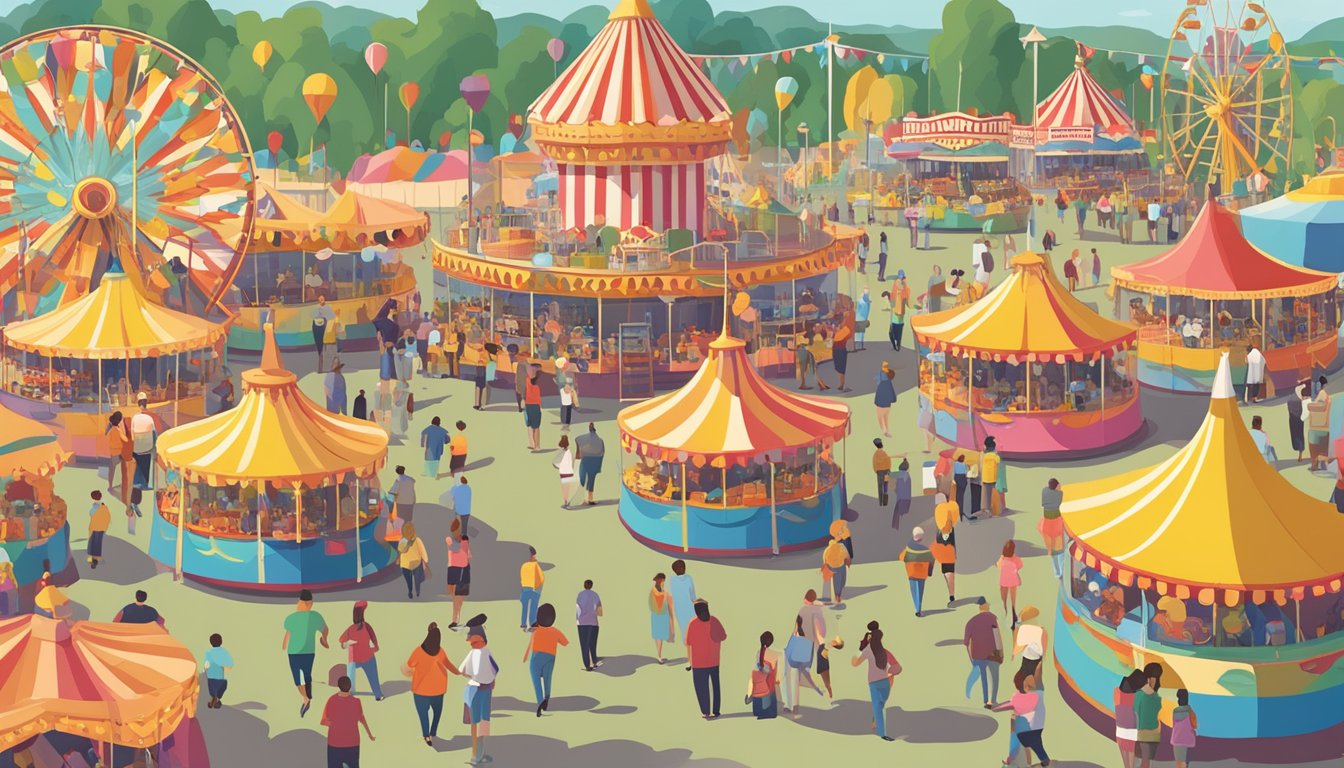 Crowds of people wander among colorful carnival rides and food stalls at the lively Tulsa State Fair in Tulsa, OK