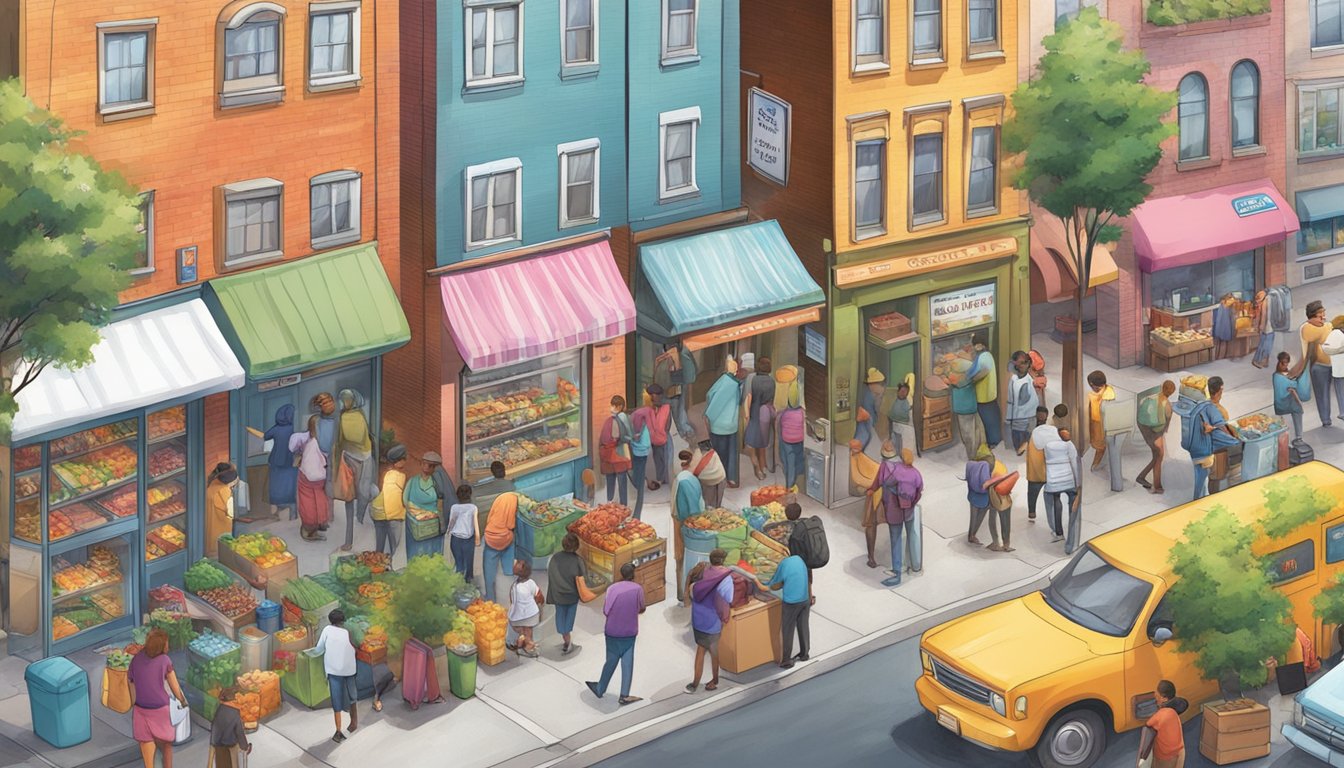 A bustling street corner with a colorful community fridge surrounded by diverse individuals dropping off and picking up food items