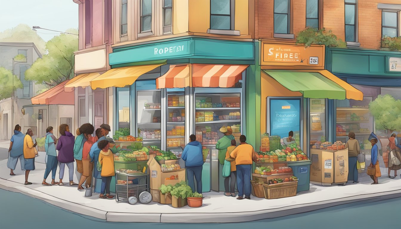 A bustling street corner with a colorful, well-stocked community fridge surrounded by diverse individuals accessing and contributing food items