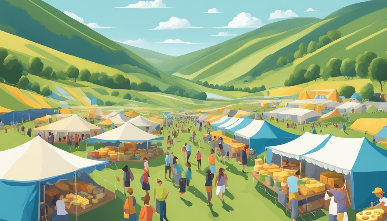 A bustling outdoor festival with rows of tents showcasing various cheeses, surrounded by green hills and a blue sky