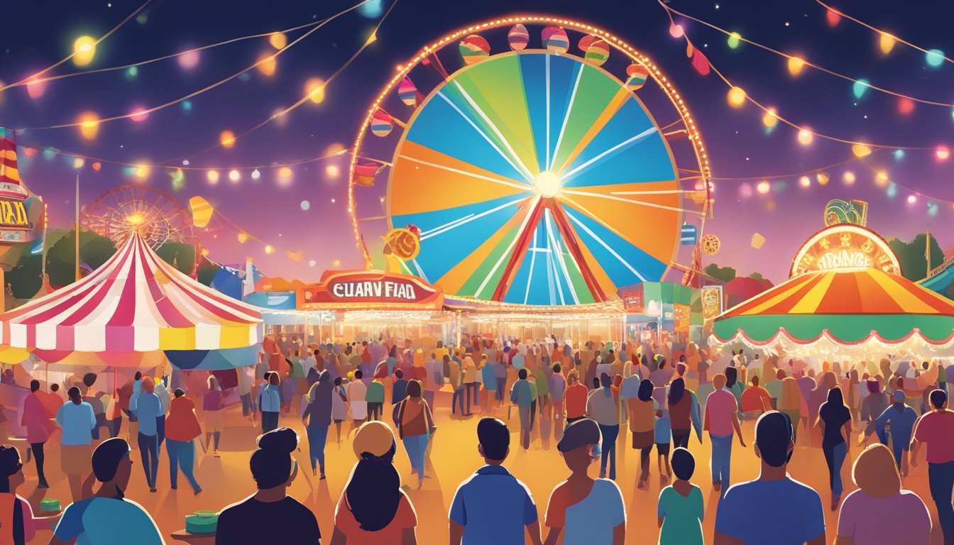 Colorful stage with bright lights, crowded with excited audience, surrounded by food stands and carnival rides at Tulsa State Fair, Tulsa, OK