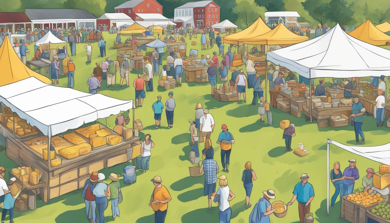 Vermont Cheesemakers Festival in Shelburne, VT: A bustling scene of local vendors, live music, and happy attendees enjoying sustainable and community-focused cheese offerings