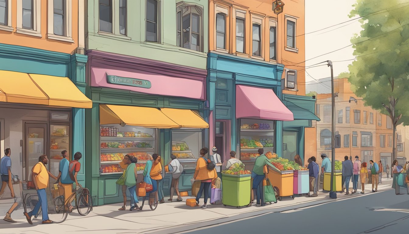 A bustling street corner with a colorful community fridge surrounded by people dropping off and picking up food and supplies