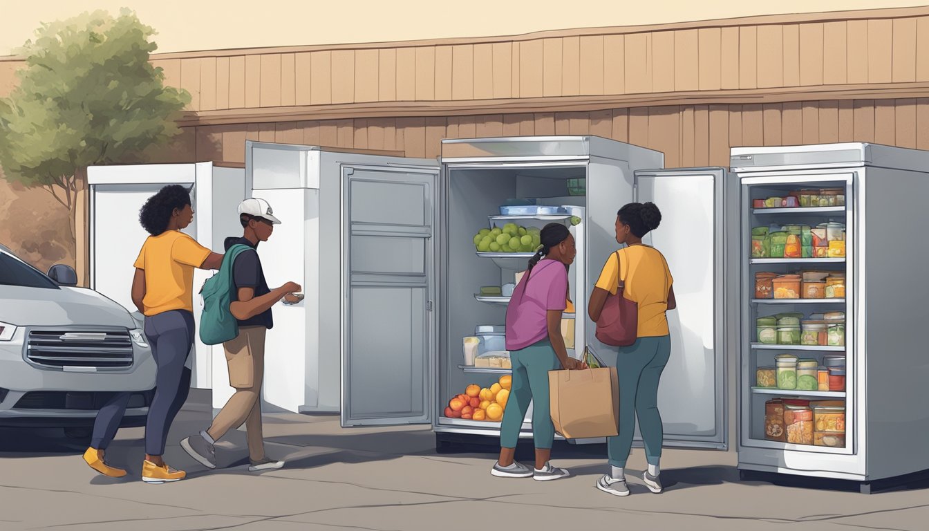 People dropping off food at a local community fridge in Lancaster, CA. Others taking items from the fridge